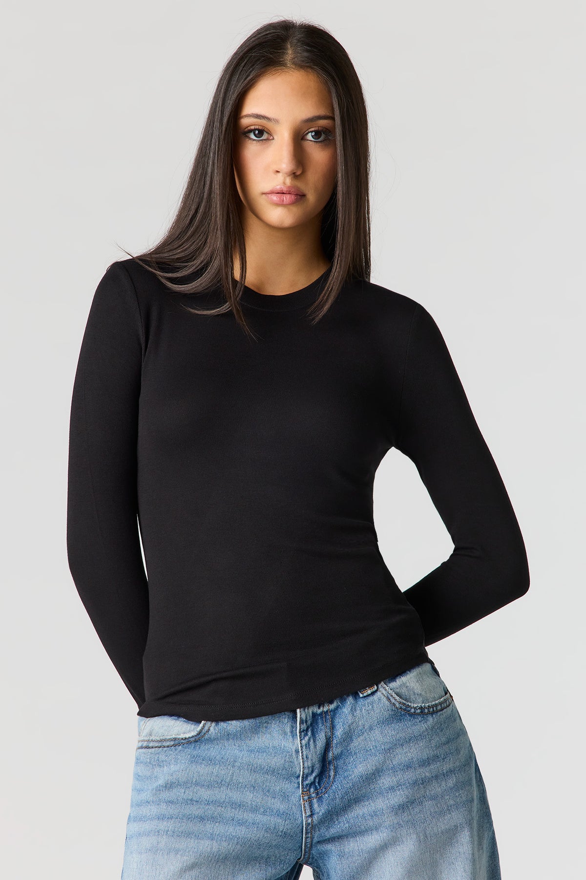 Ribbed Long Sleeve Top - Black