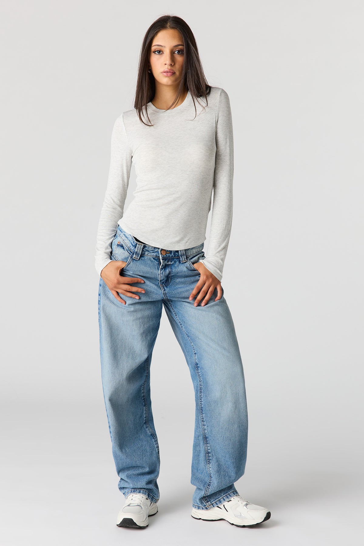 Alt View 3. Ribbed Long Sleeve Top - Heather Grey