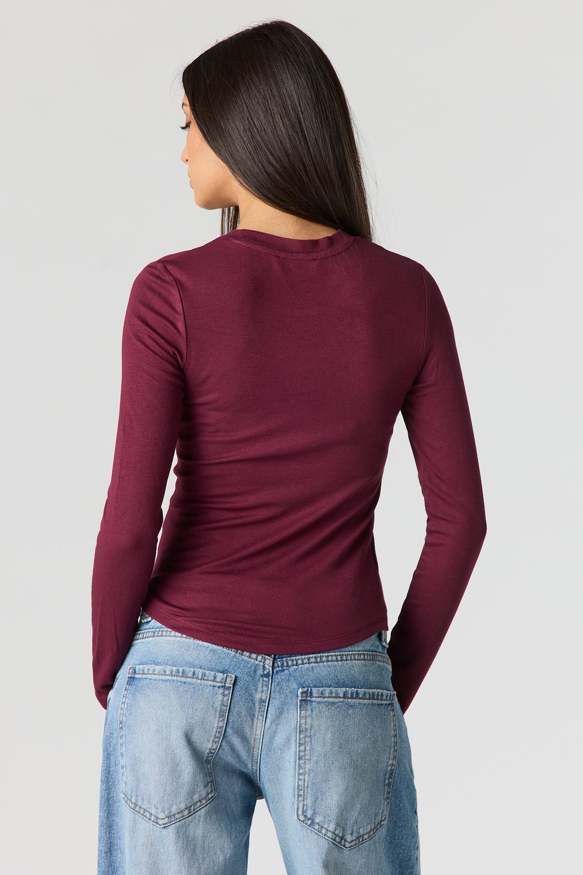 Alt View 2. Ribbed Long Sleeve Top - Burgundy
