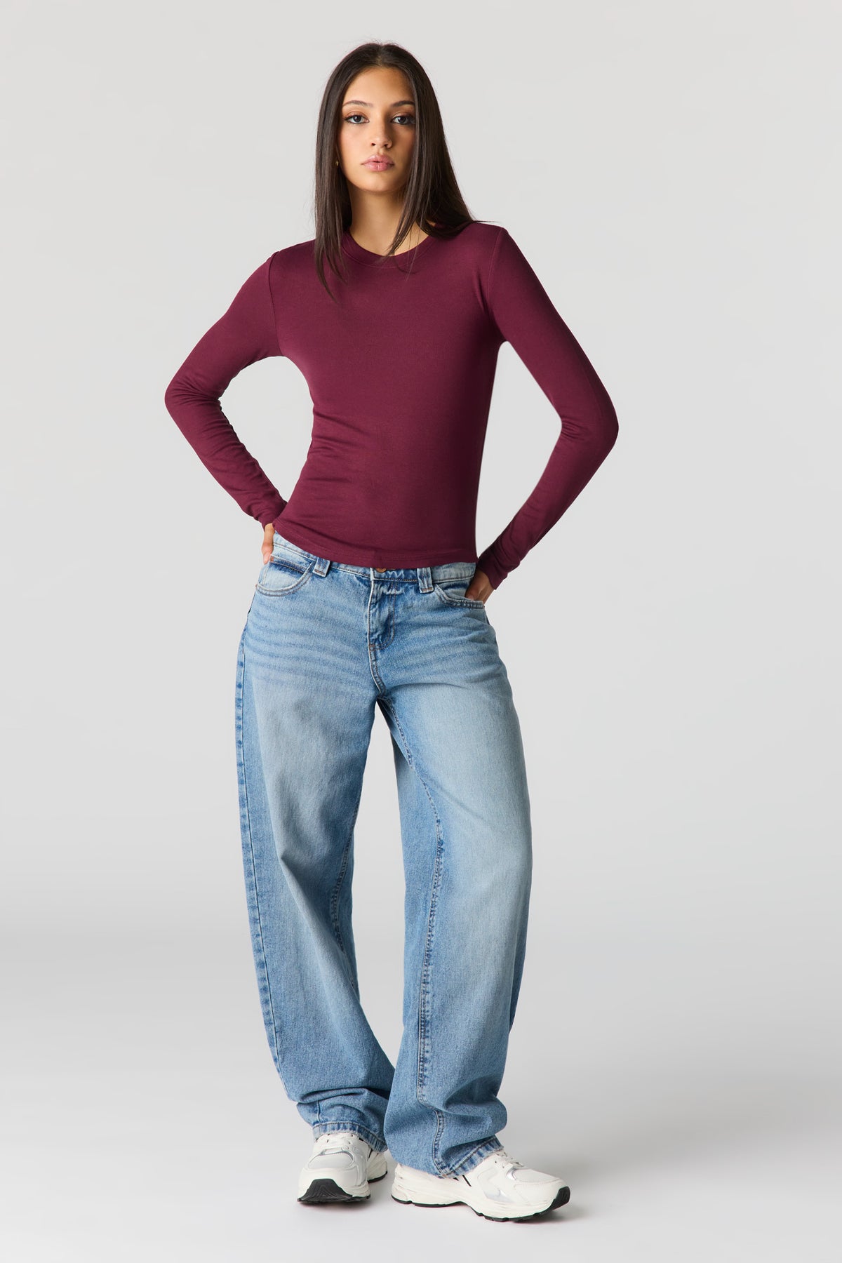 Alt View 3. Ribbed Long Sleeve Top - Burgundy