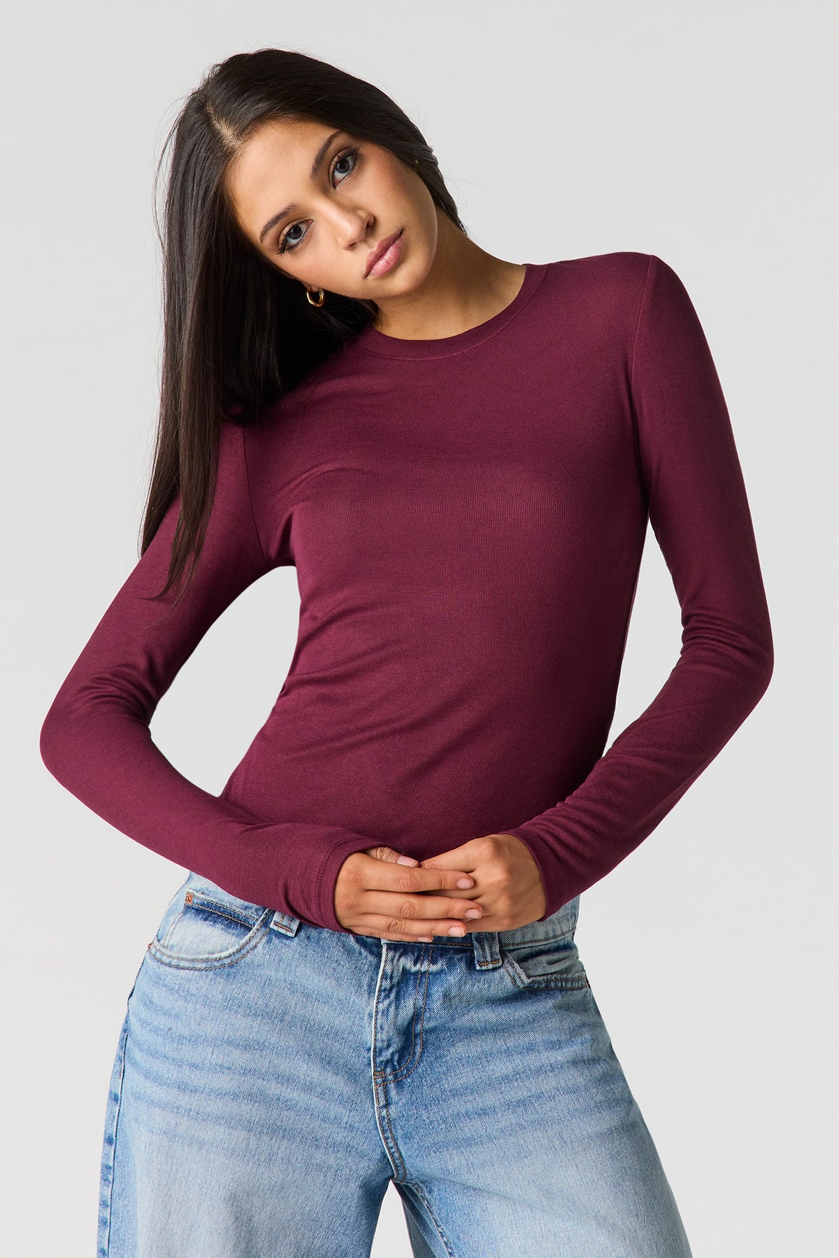 Ribbed Long Sleeve Top - Burgundy