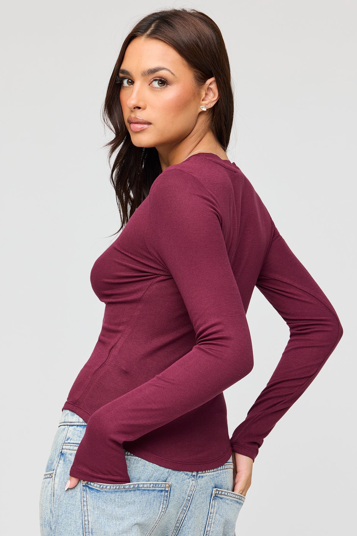 Alt View 2. Long Sleeve Top - Burgundy