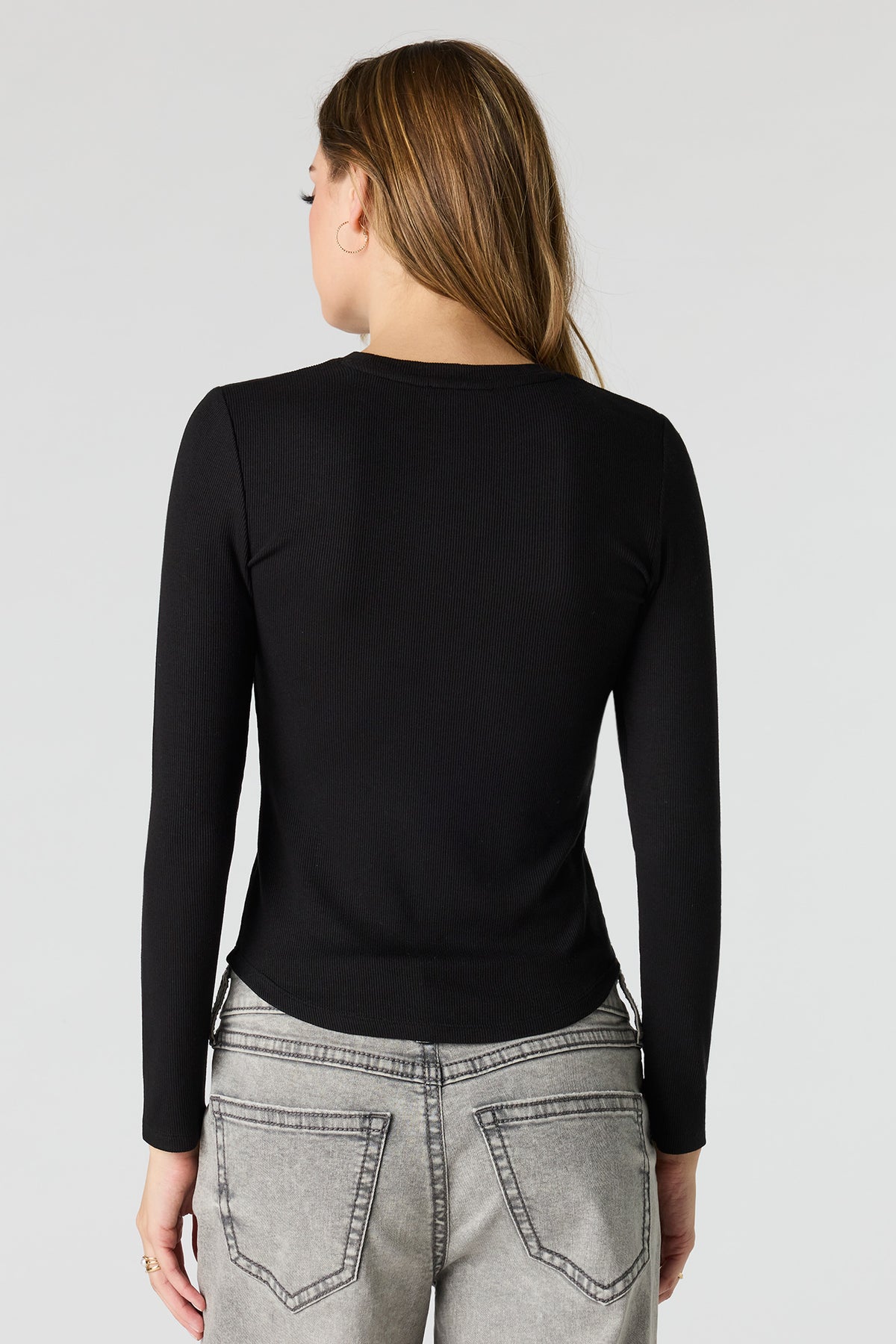 Alt View 2. Ribbed Long Sleeve Top - Black