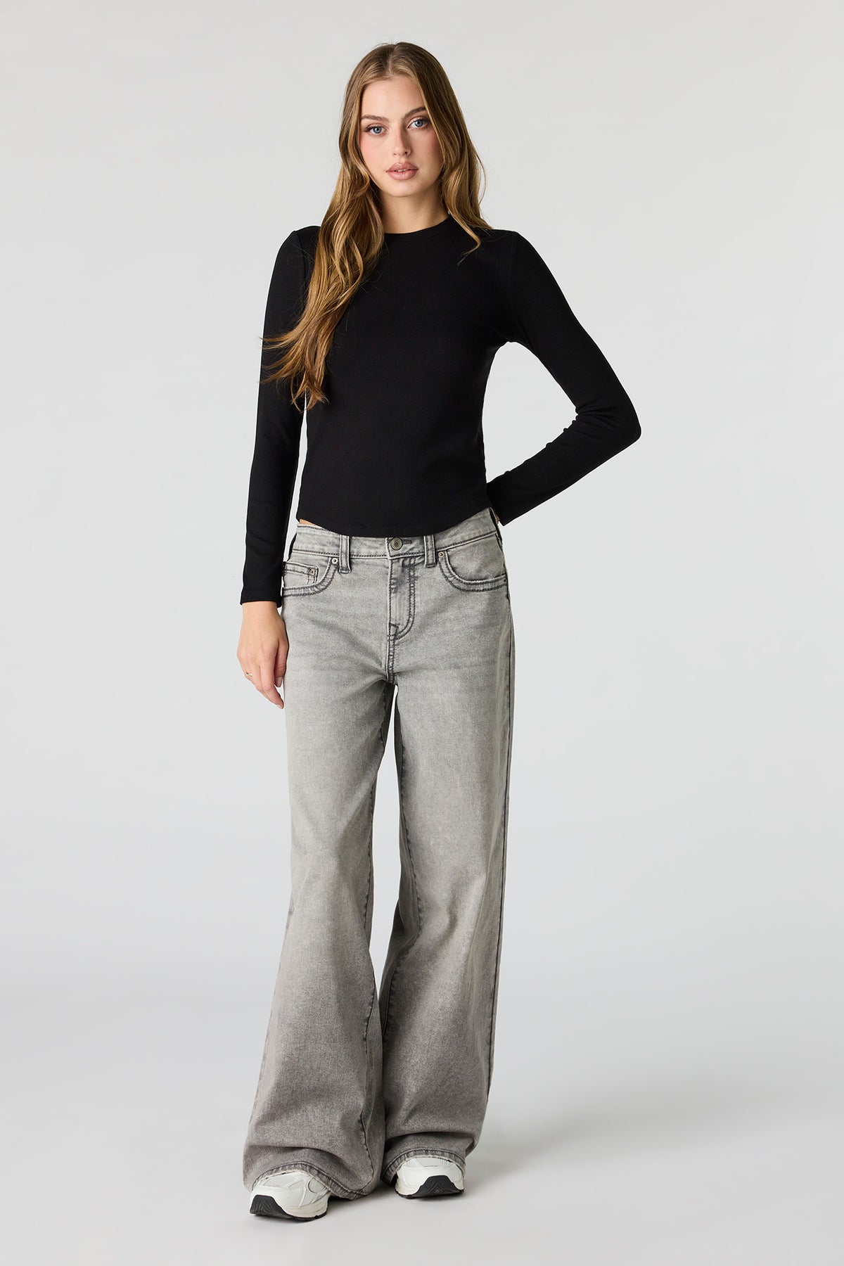 Alt View 3. Ribbed Long Sleeve Top - Black