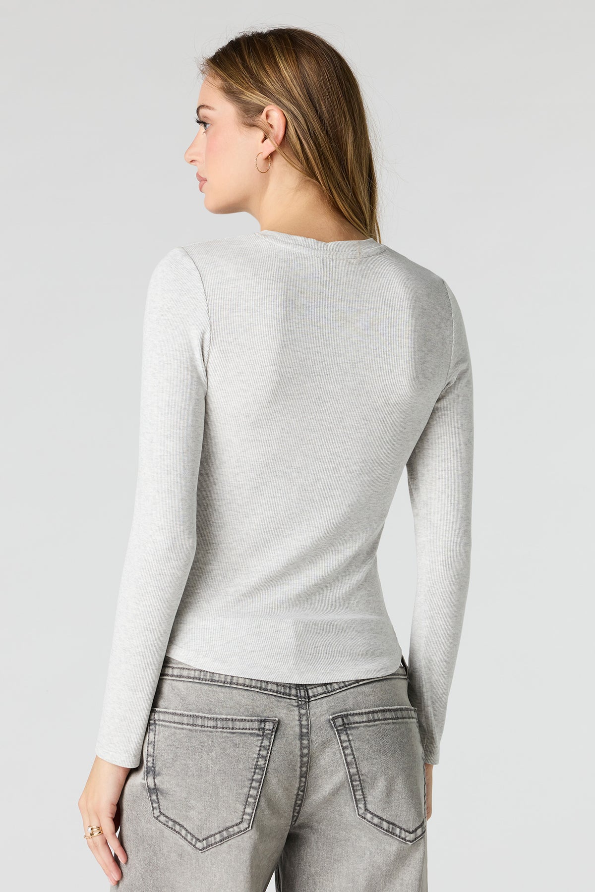 Alt View 2. Ribbed Long Sleeve Top - Heather Grey