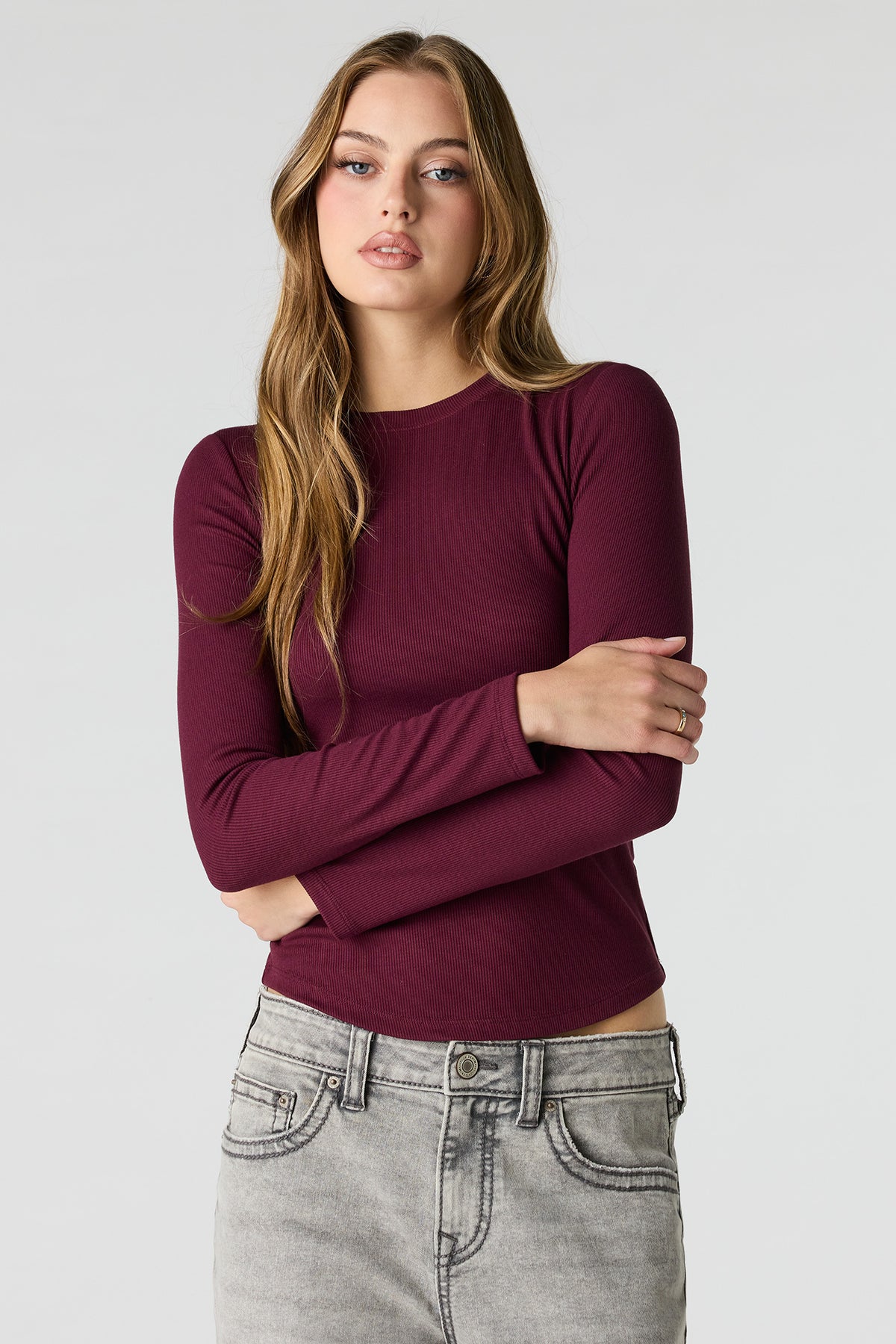 Ribbed Long Sleeve Top - Burgundy