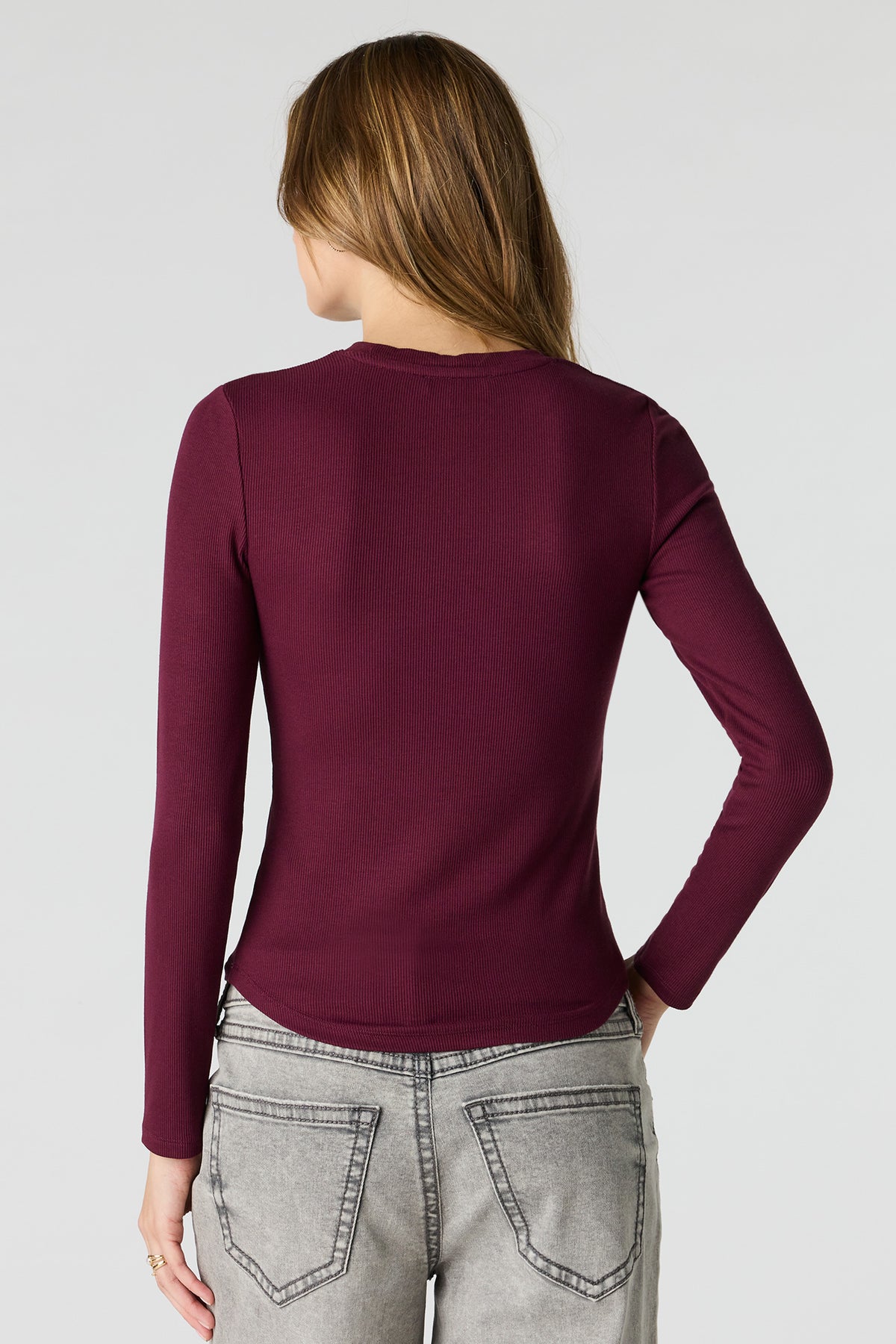 Alt View 2. Ribbed Long Sleeve Top - Burgundy