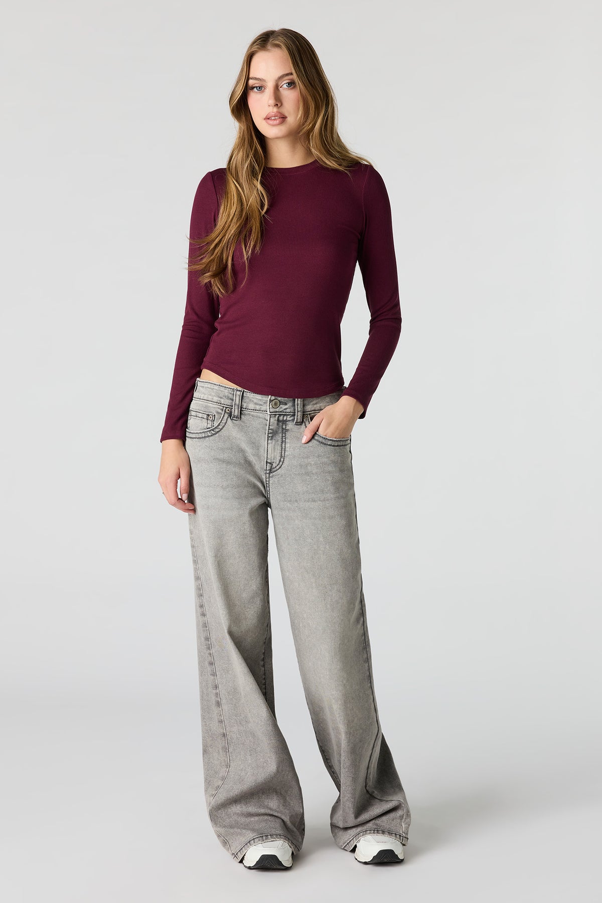 Alt View 3. Ribbed Long Sleeve Top - Burgundy