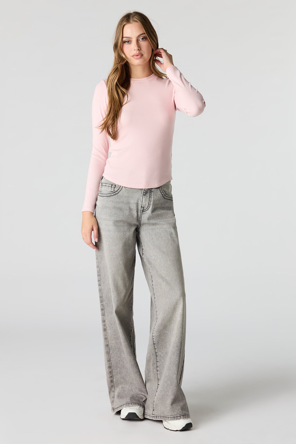 Alt View 3. Ribbed Long Sleeve Top - Light Pink