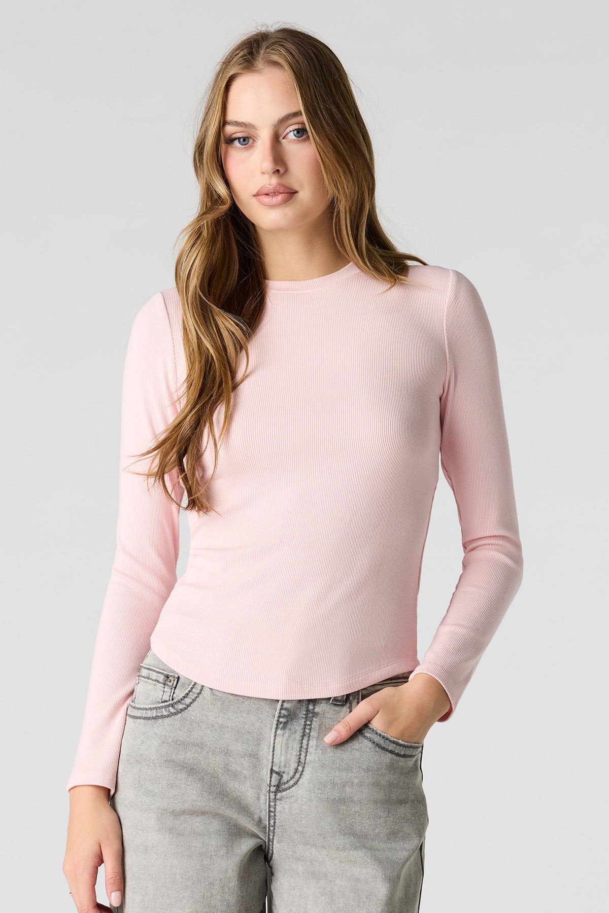 Ribbed Long Sleeve Top - Light Pink