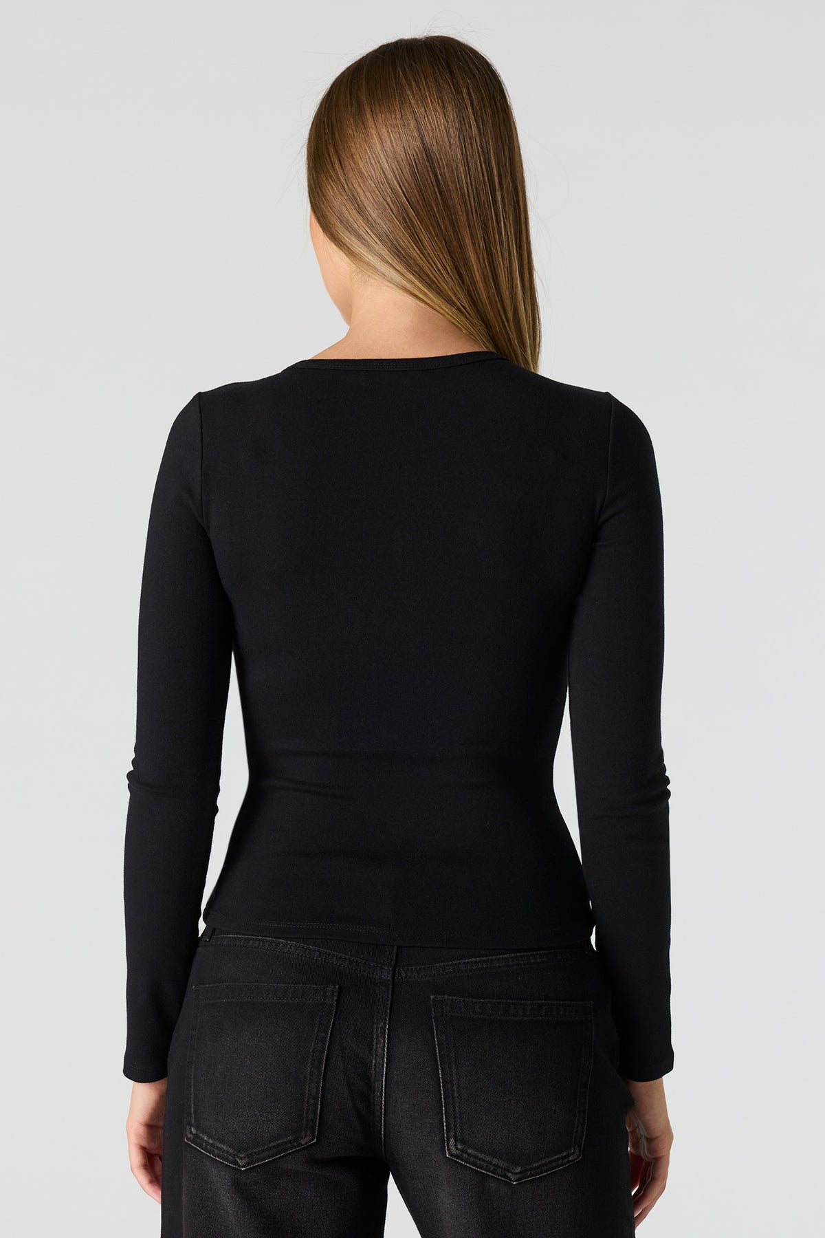 Alt View 2. Long Sleeve Henley Top - Black