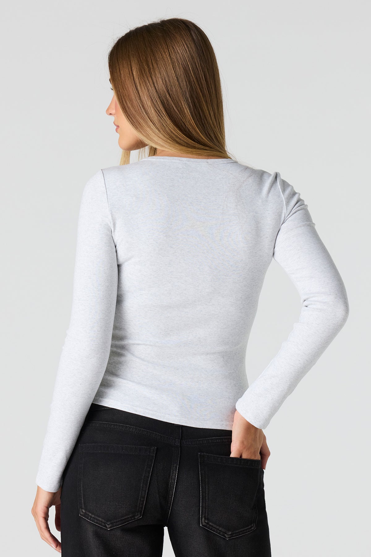Alt View 2. Long Sleeve Henley Top - Heather Grey
