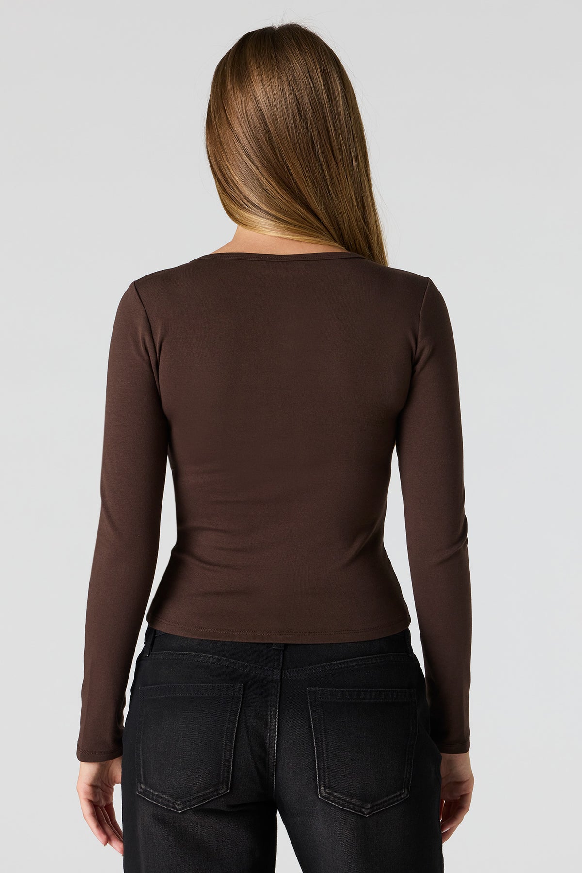 Alt View 2. Long Sleeve Henley Top - Brown