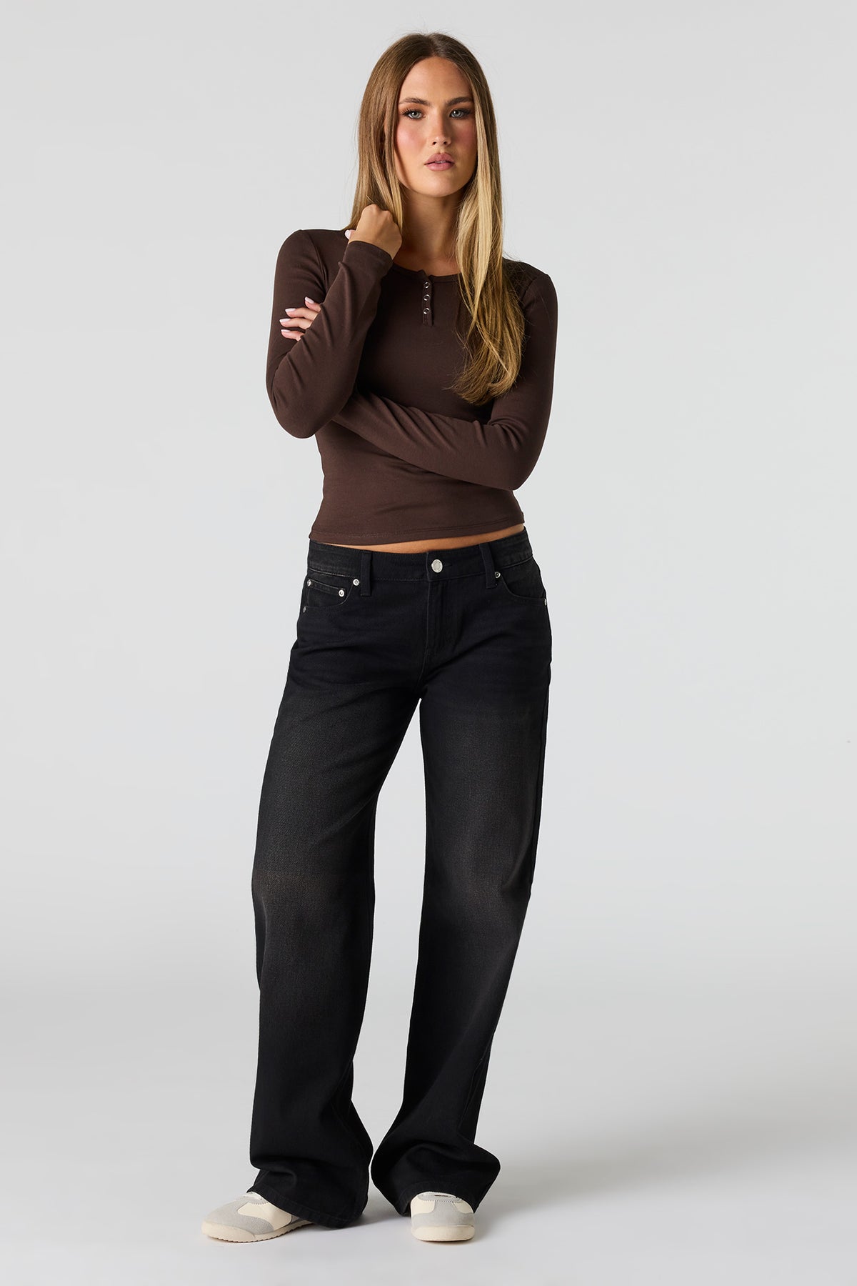 Alt View 3. Long Sleeve Henley Top - Brown