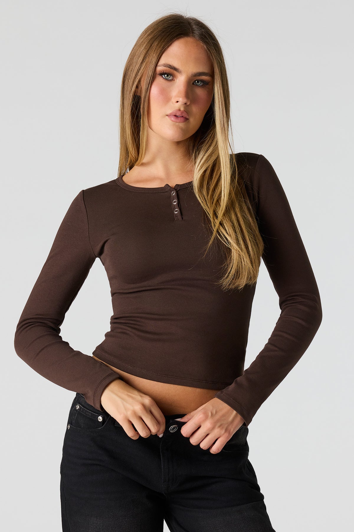 Long Sleeve Henley Top - Brown
