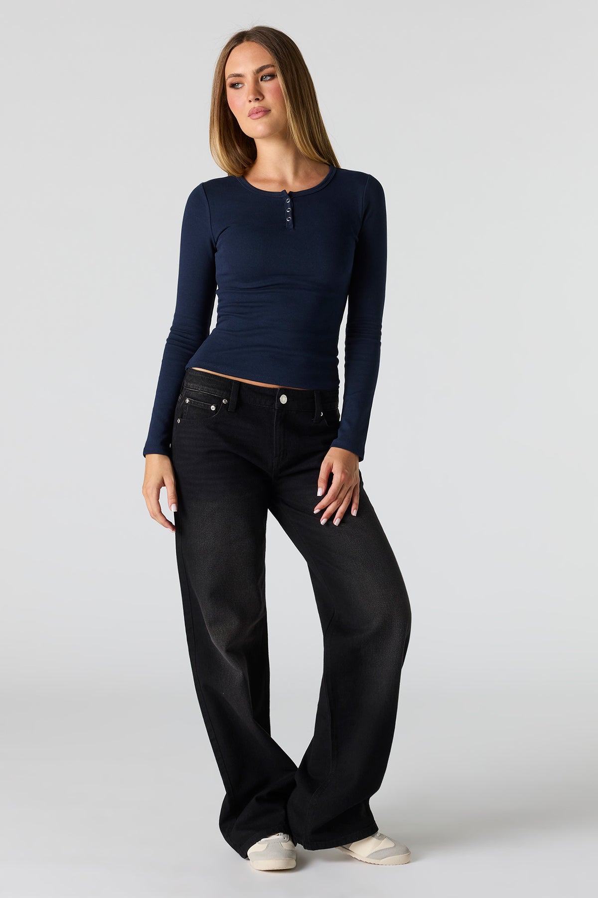 Alt View 3. Long Sleeve Henley Top - Navy