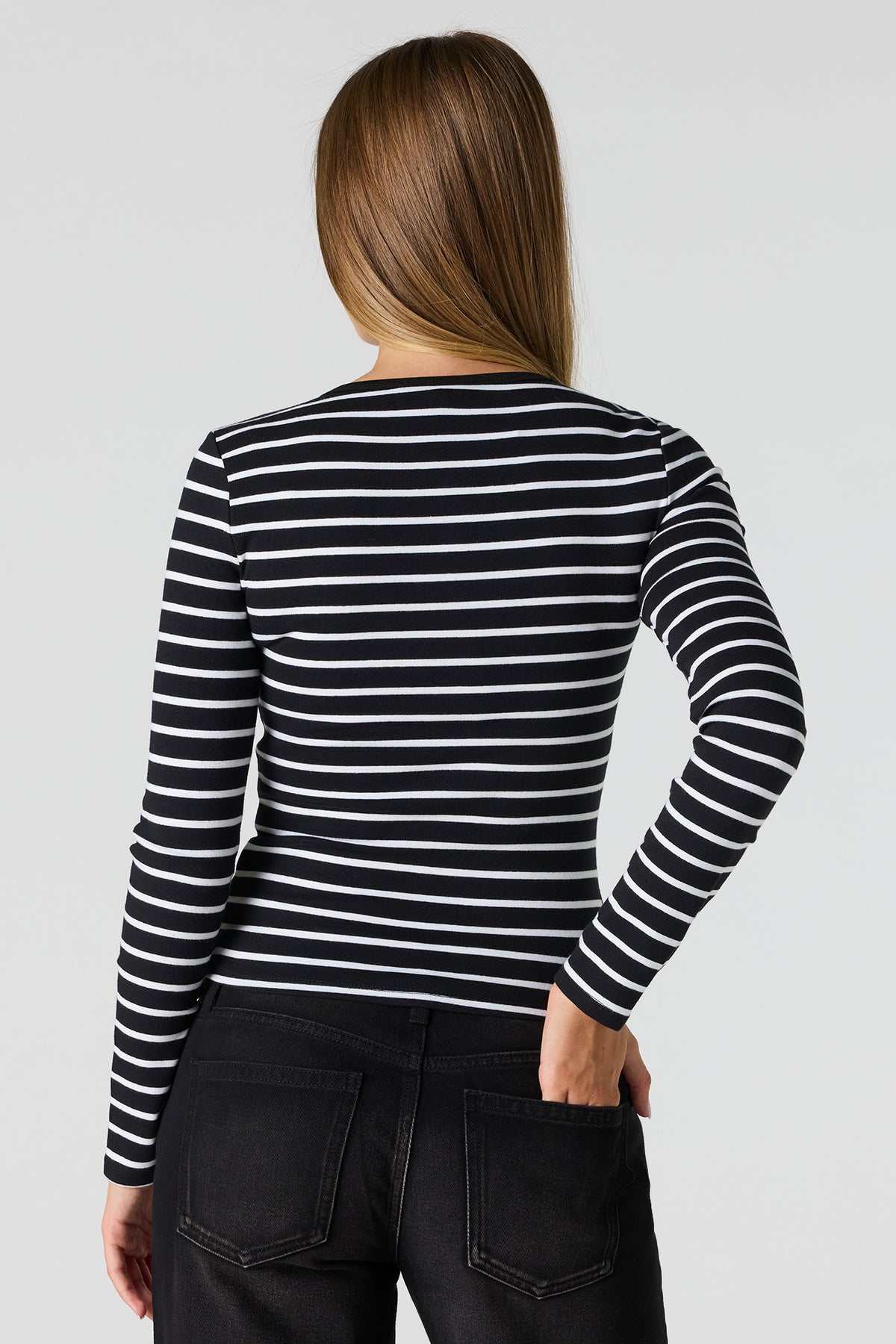 Alt View 2. Long Sleeve Henley Top - Black with White