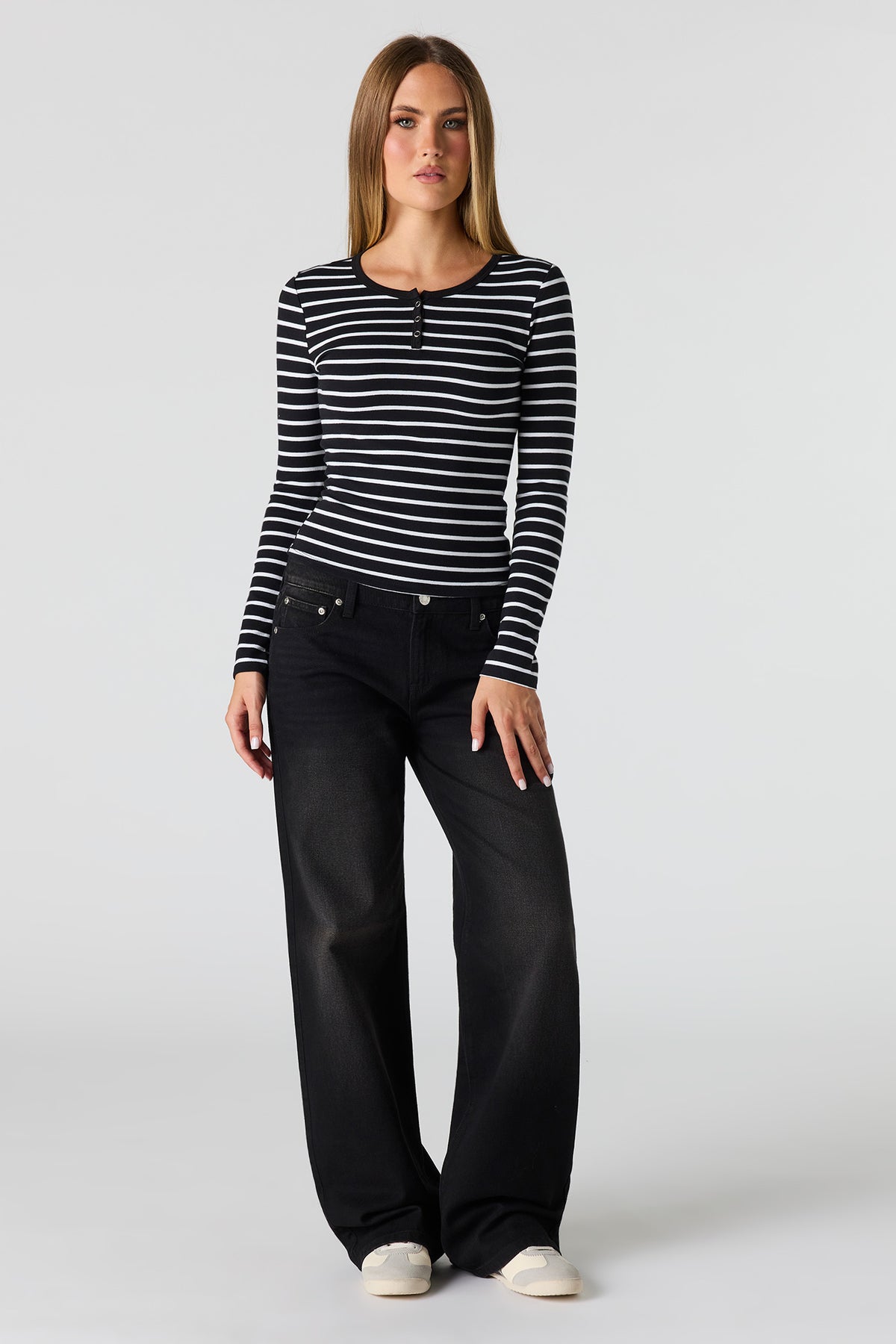 Alt View 3. Long Sleeve Henley Top - Black with White