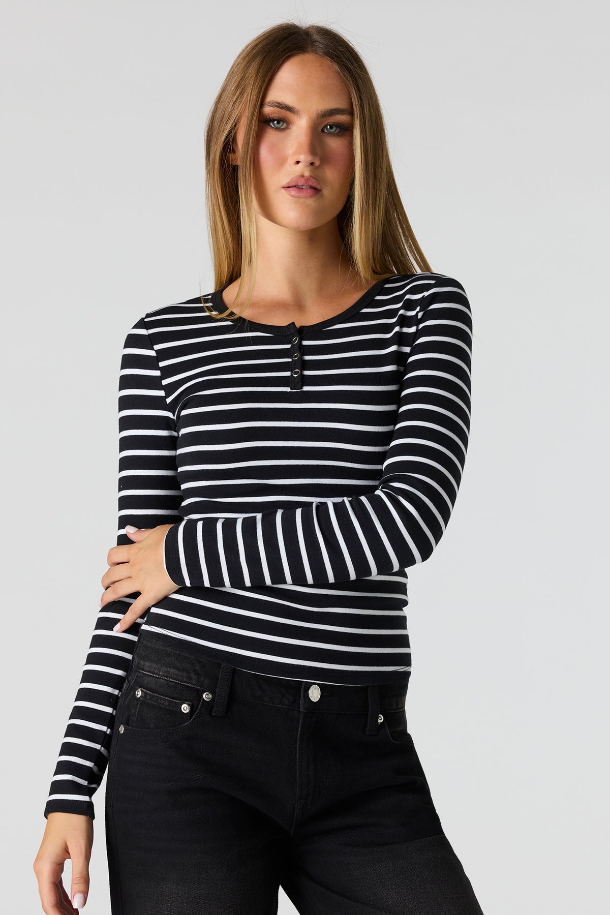 Long Sleeve Henley Top - Black with White