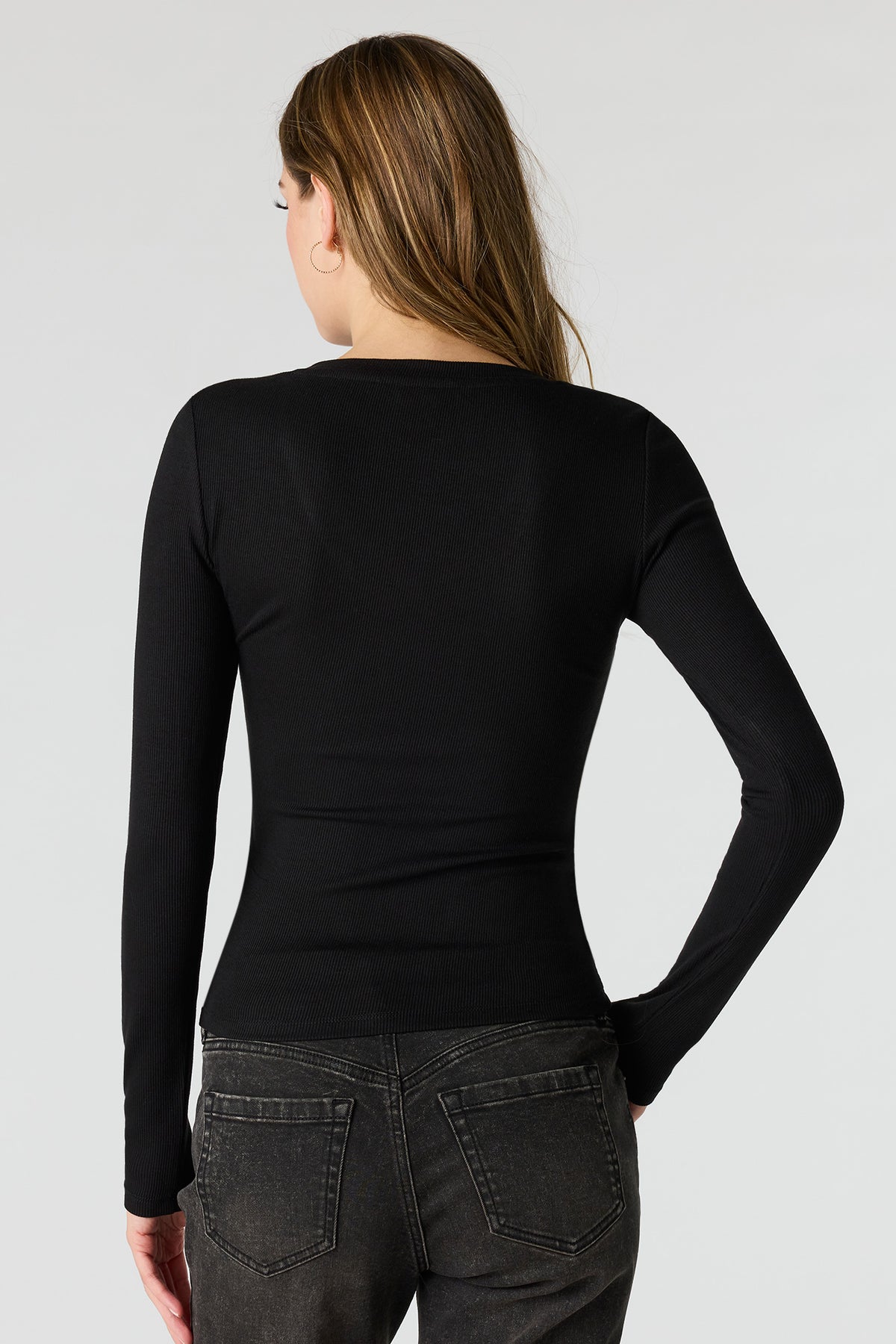 Alt View 2. Ribbed V-Neck Long Sleeve Top - Black