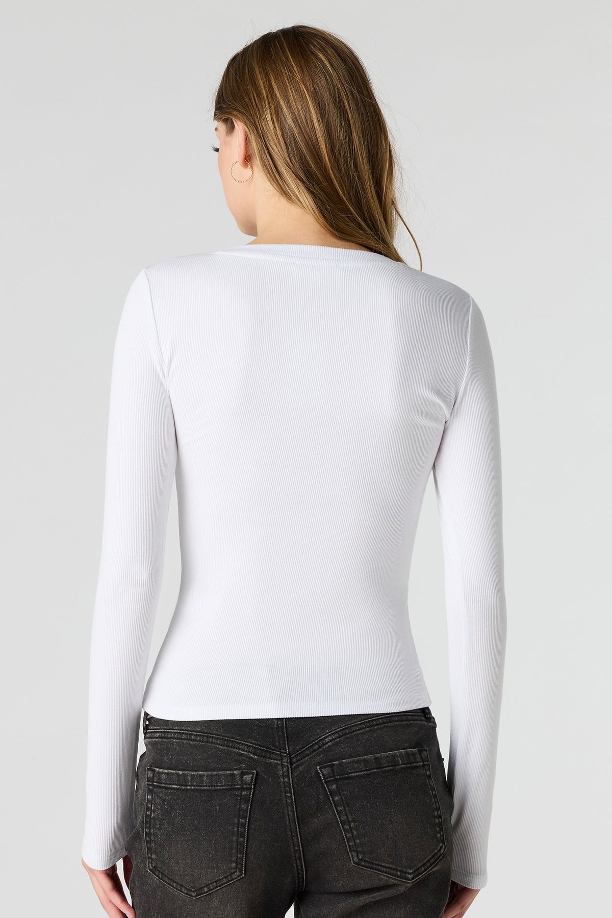 Alt View 2. Ribbed V-Neck Long Sleeve Top - White