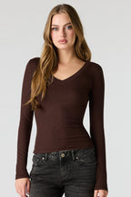 Ribbed V-Neck Long Sleeve Top
