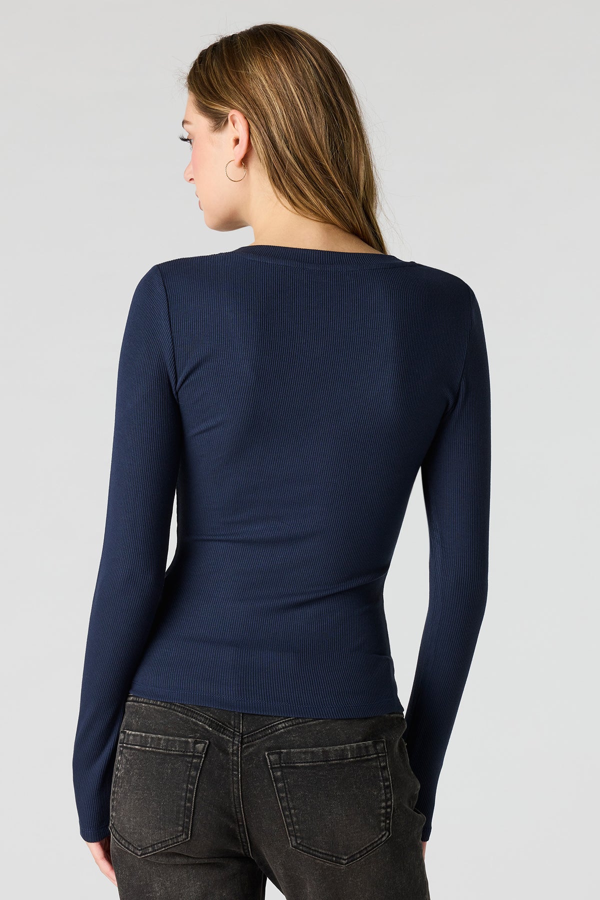 Alt View 2. Ribbed V-Neck Long Sleeve Top - Navy
