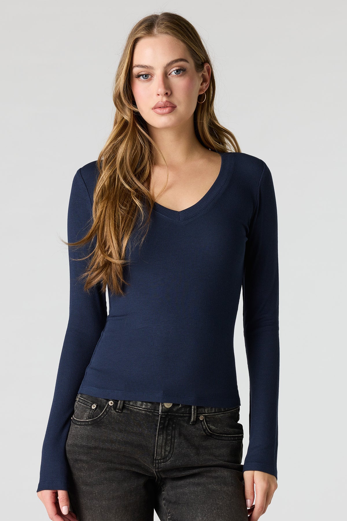 Ribbed V-Neck Long Sleeve Top - Navy