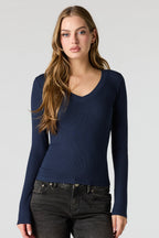 Ribbed V-Neck Long Sleeve Top