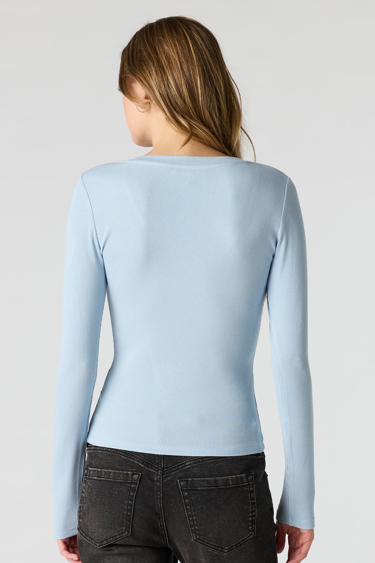 Alt View 2. Ribbed V-Neck Long Sleeve Top - Light Blue