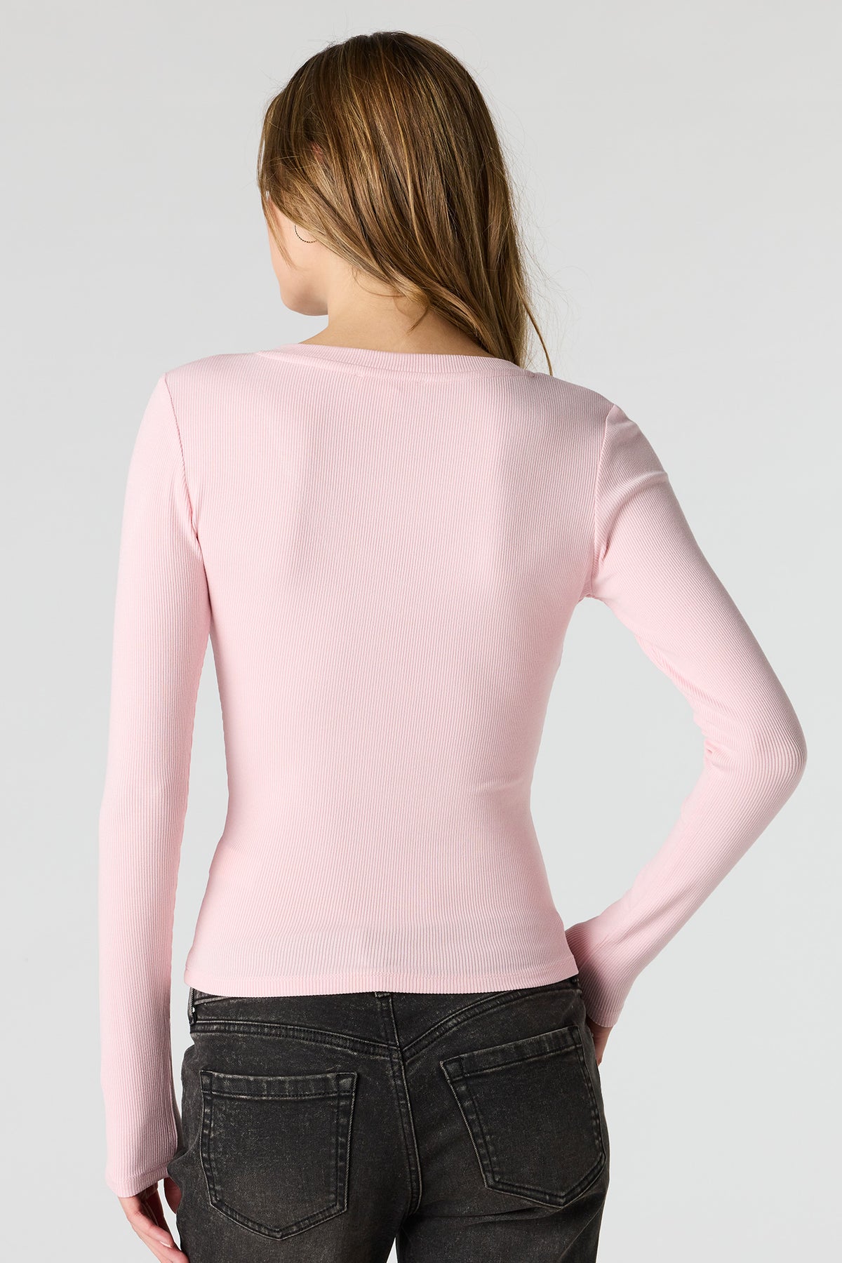 Alt View 2. Ribbed V-Neck Long Sleeve Top - Light Pink