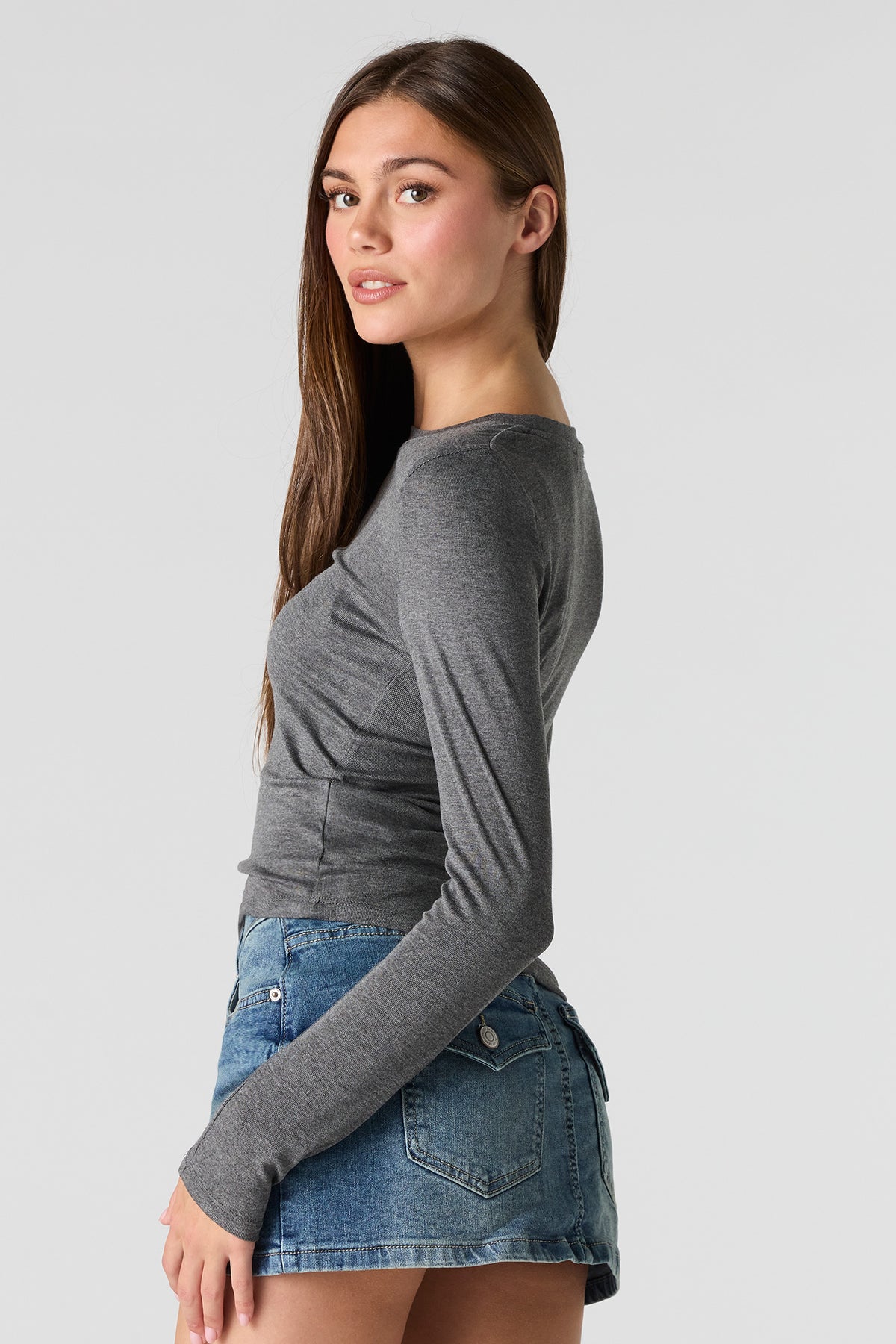 Alt View 2. Crewneck Long Sleeve Top - Dark Grey