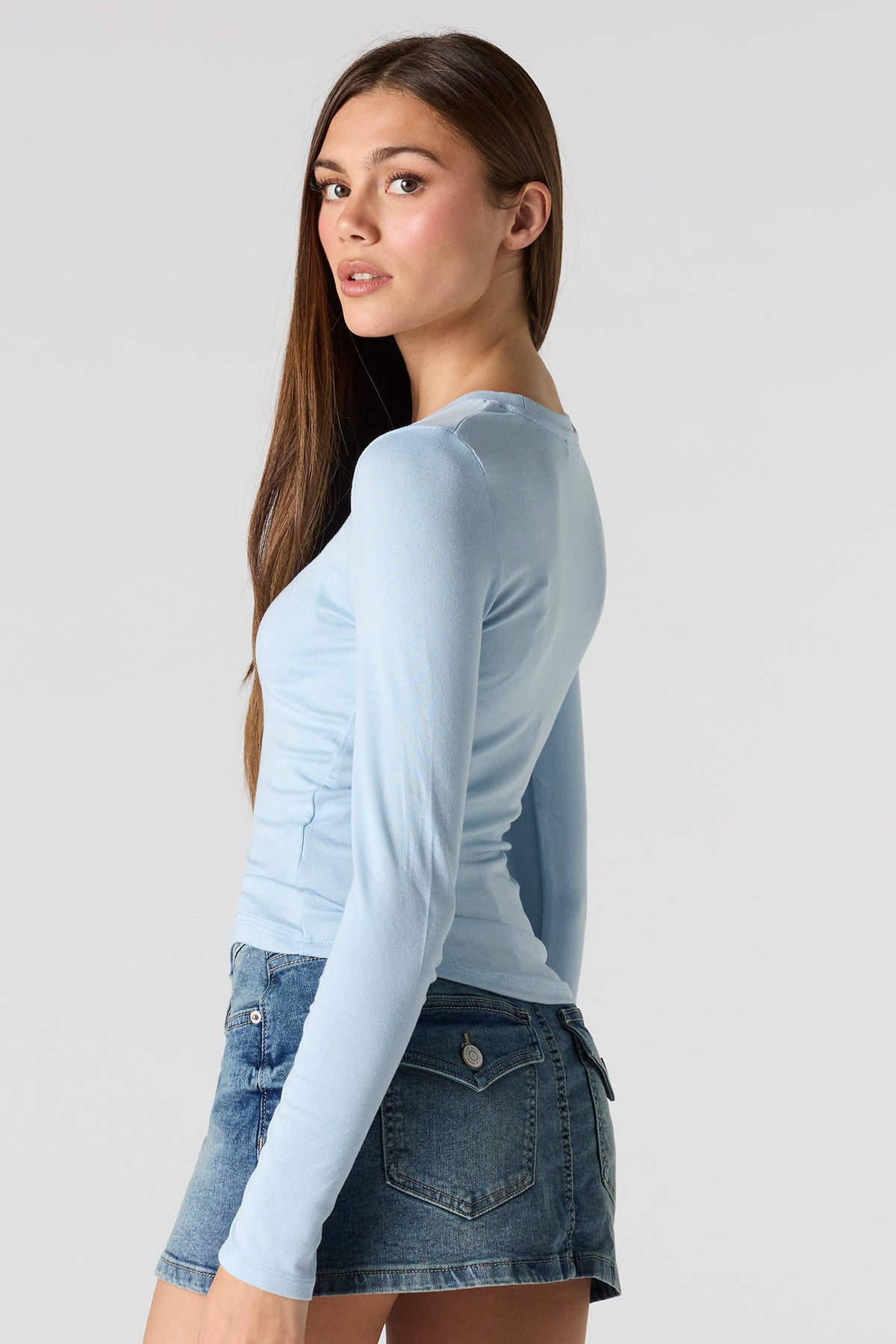 Alt View 2. Crewneck Long Sleeve Top - Light Blue