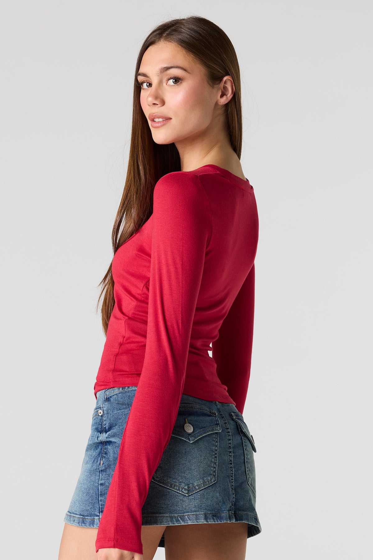 Alt View 2. Crewneck Long Sleeve Top - Red