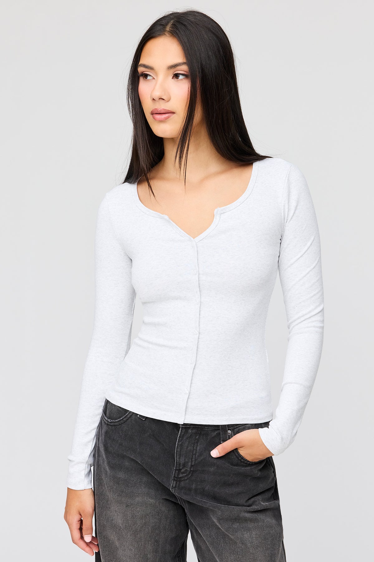 V-Notch Button-Up Long Sleeve Top - Heather Grey