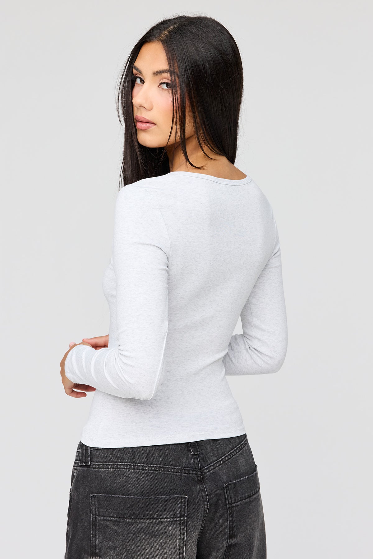 Alt View 2. V-Notch Button-Up Long Sleeve Top - Heather Grey