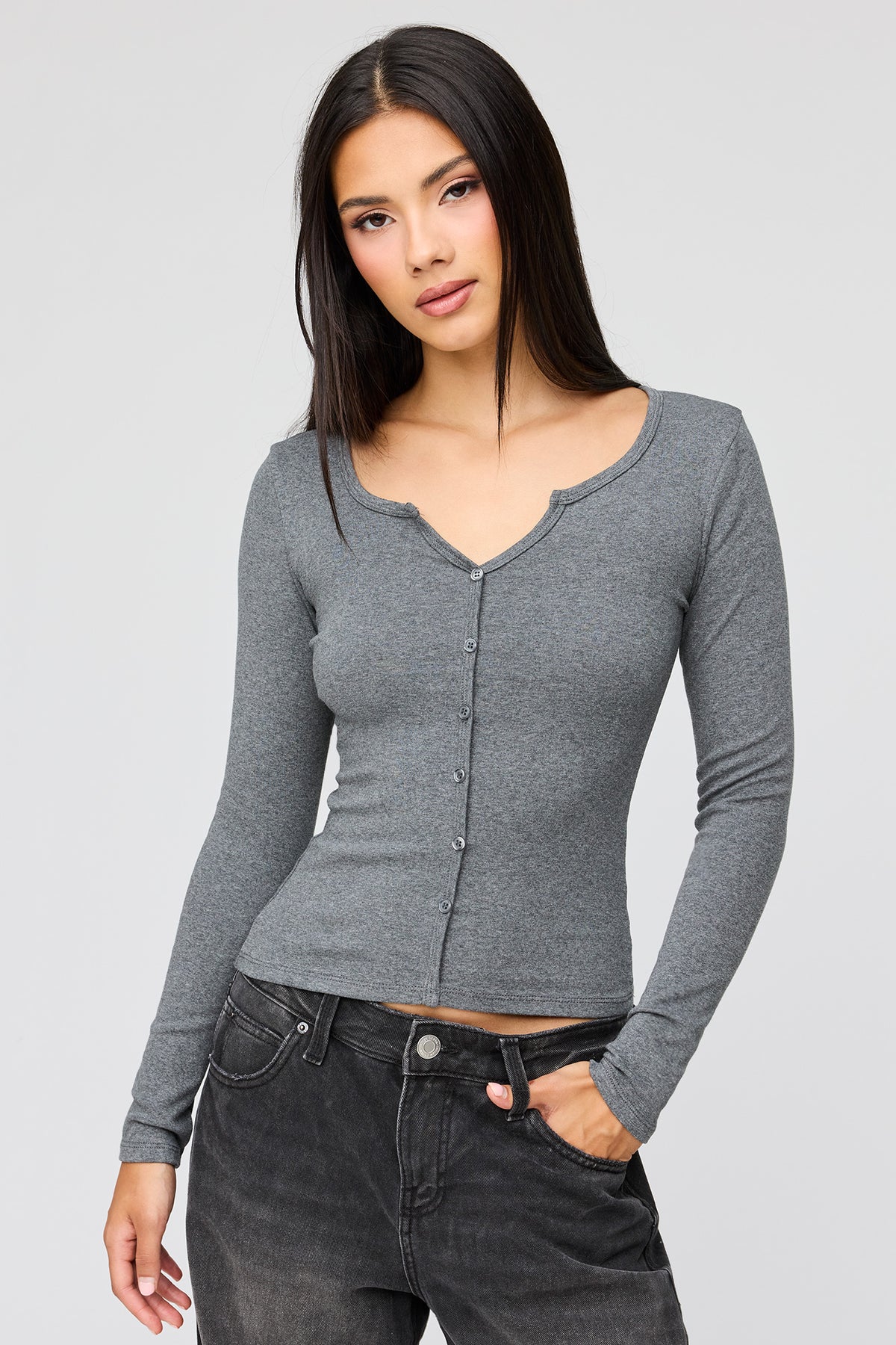 V-Notch Button-Up Long Sleeve Top - Dark Grey