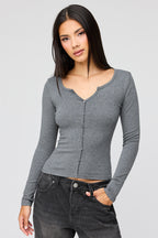 V-Notch Button-Up Long Sleeve Top