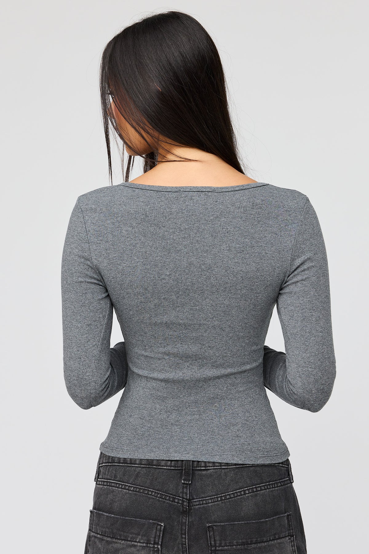 Alt View 2. V-Notch Button-Up Long Sleeve Top - Dark Grey