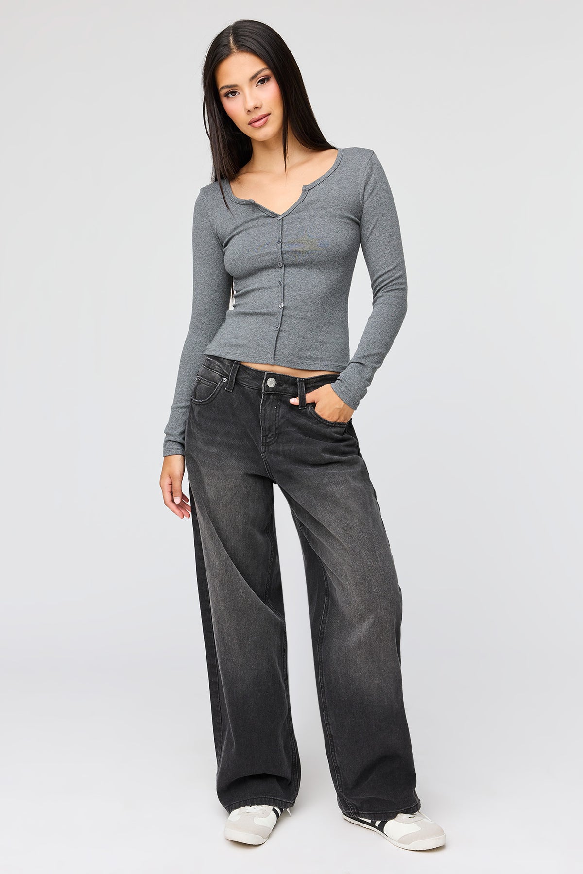 Alt View 3. V-Notch Button-Up Long Sleeve Top - Dark Grey