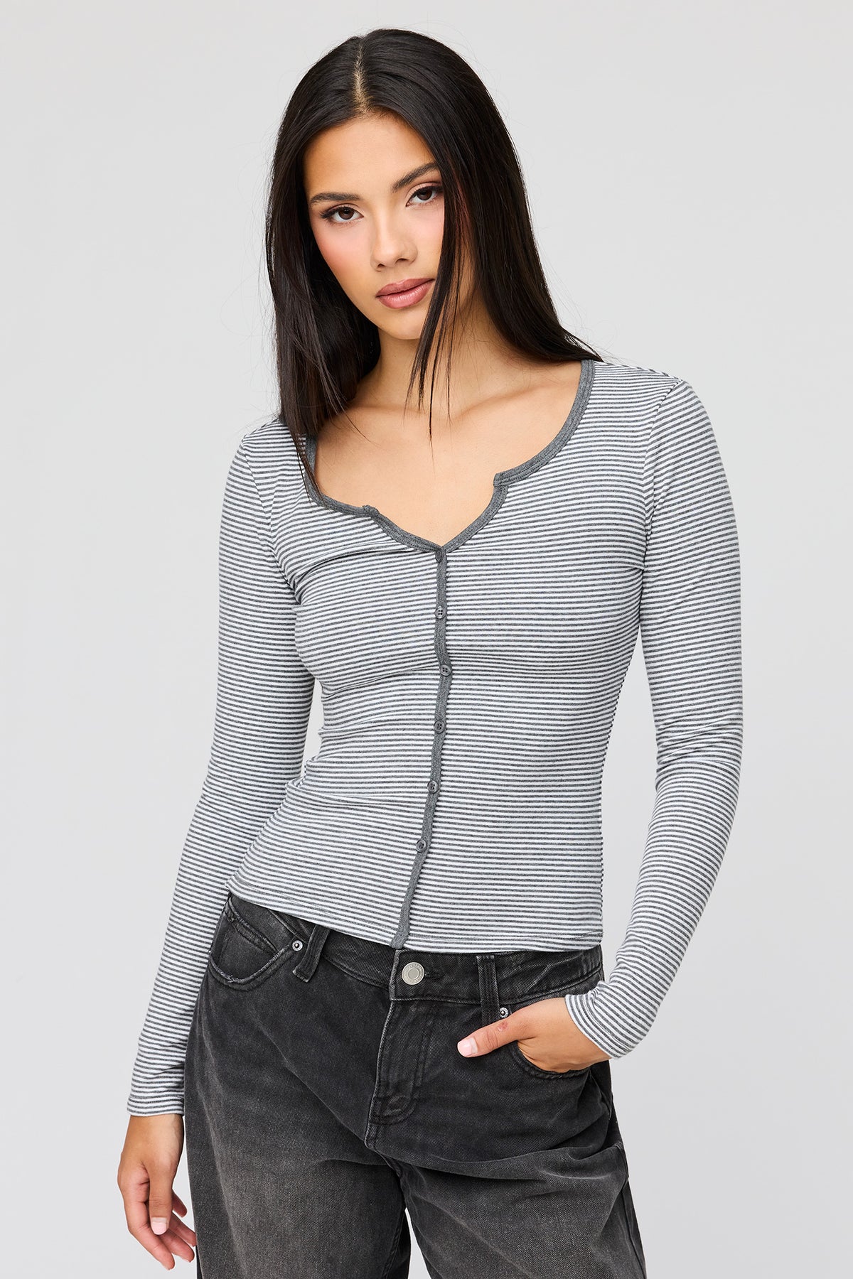 V-Notch Button-Up Long Sleeve Top - Light Grey