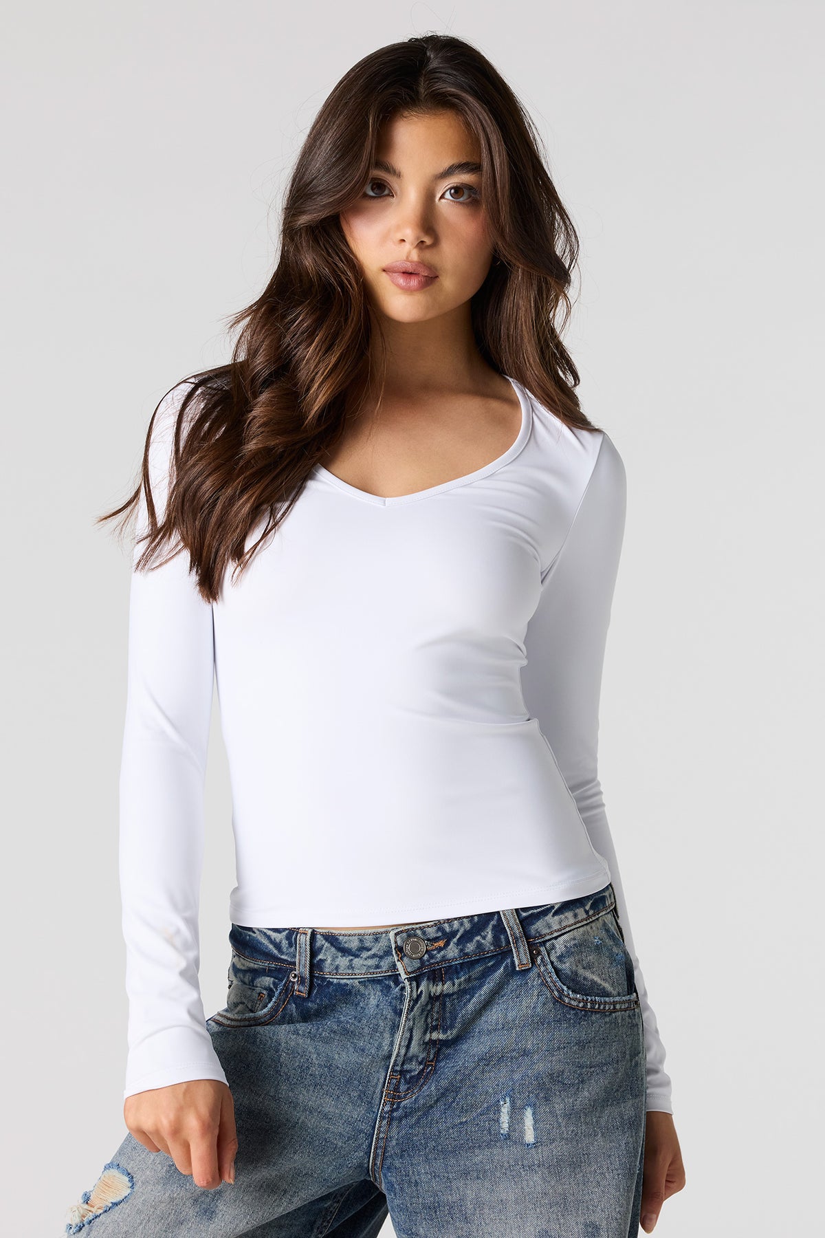 Luxe Heavy Contour V-Neck Long Sleeve Top - White