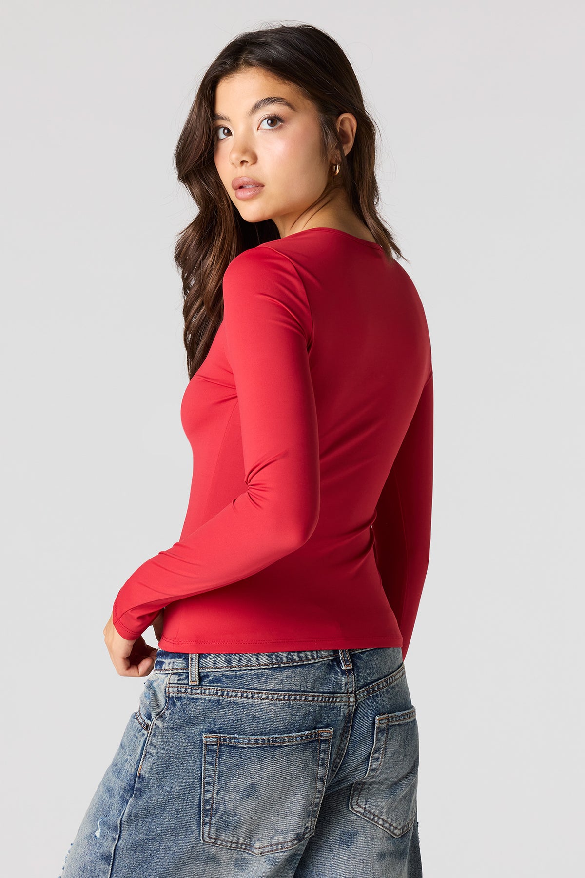 Alt View 2. Luxe Heavy Contour V-Neck Long Sleeve Top - Red