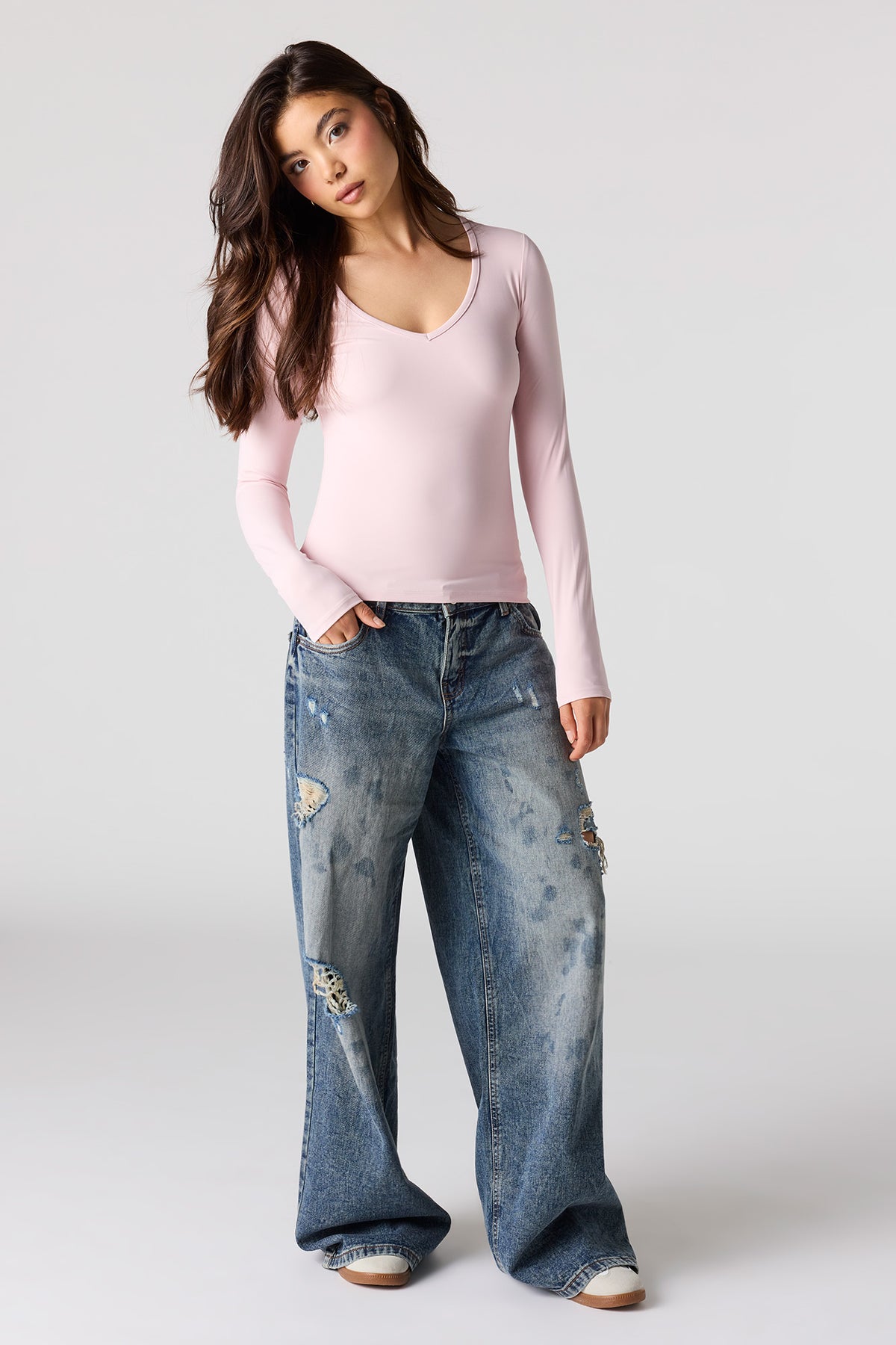 Alt View 3. Luxe Heavy Contour V-Neck Long Sleeve Top - Light Pink