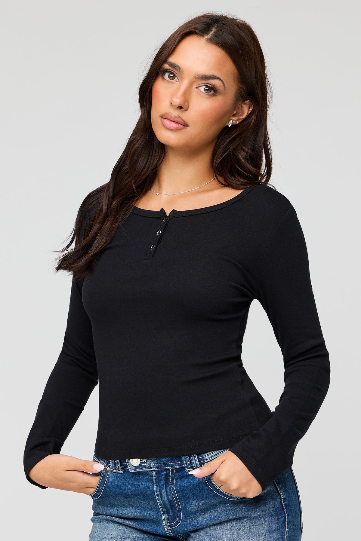 Henley Long Sleeve Top - Black