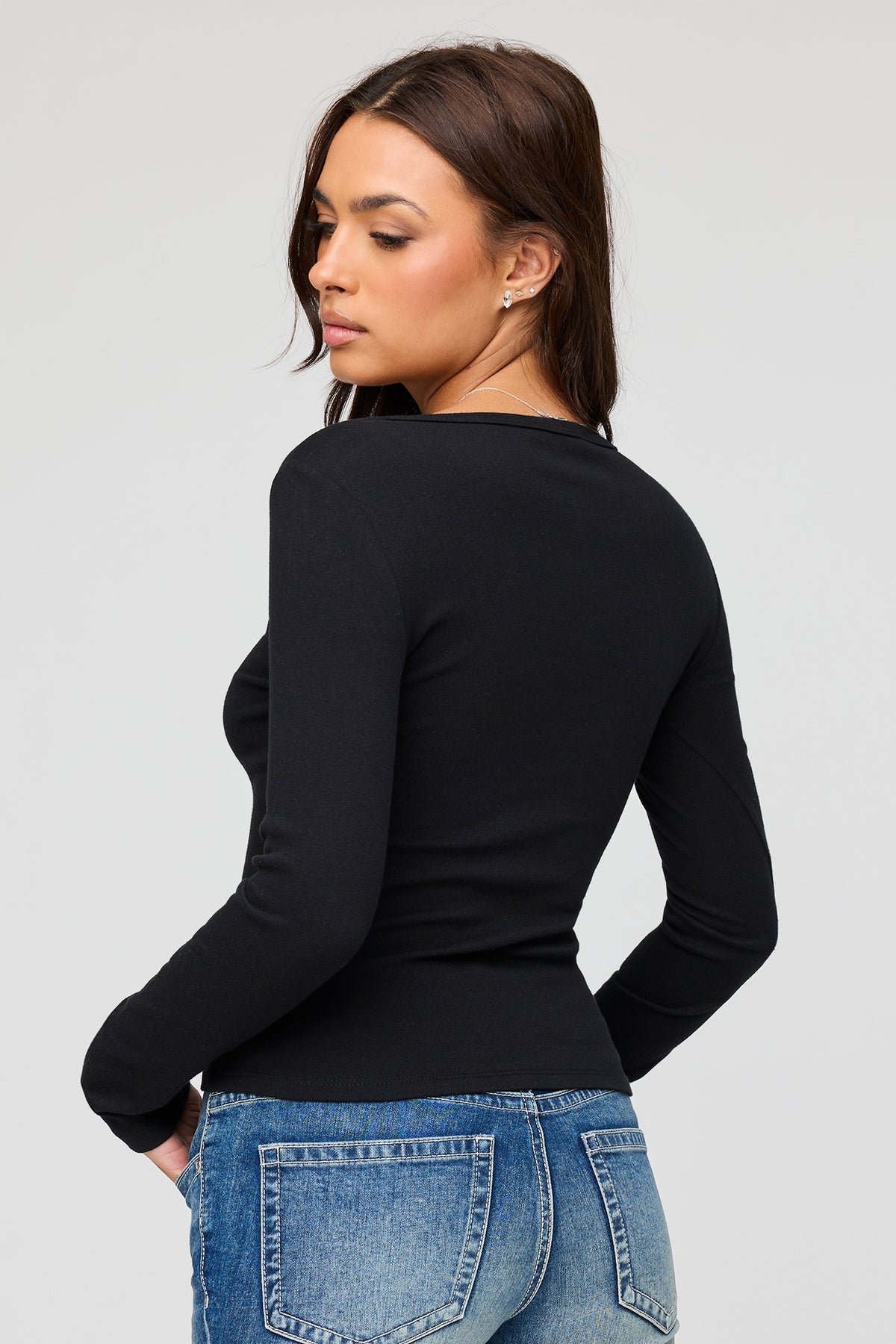 Alt View 2. Henley Long Sleeve Top - Black