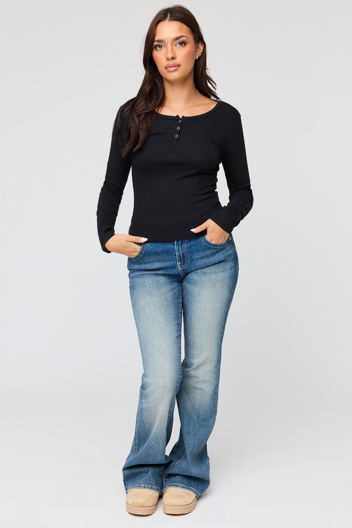 Alt View 3. Henley Long Sleeve Top - Black