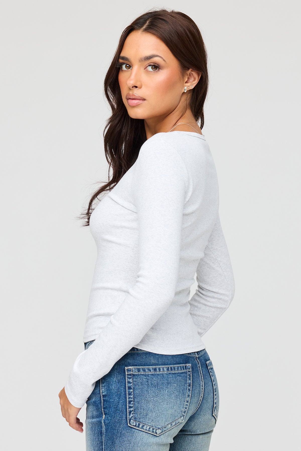 Alt View 2. Henley Long Sleeve Top - Heather Grey