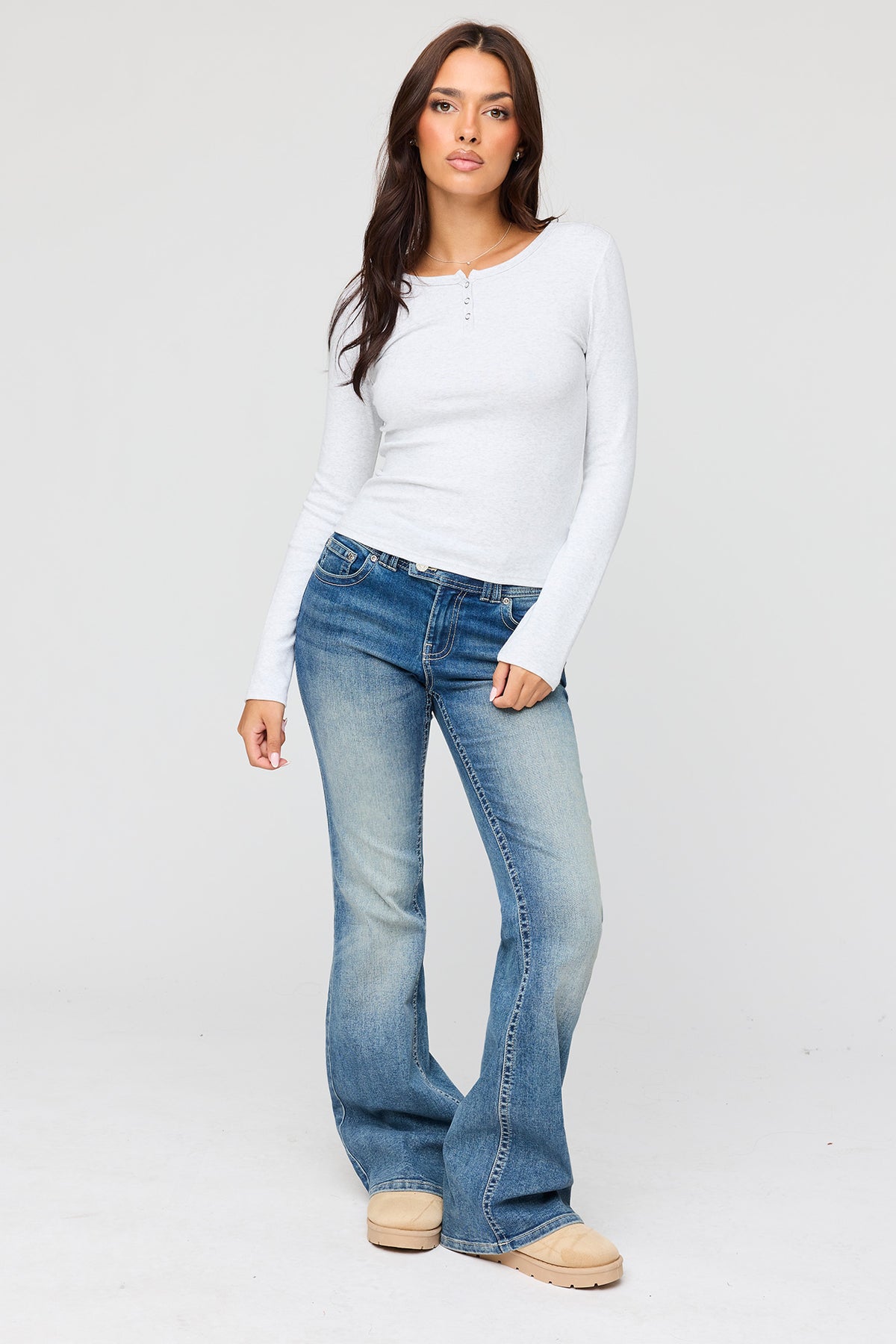 Alt View 3. Henley Long Sleeve Top - Heather Grey