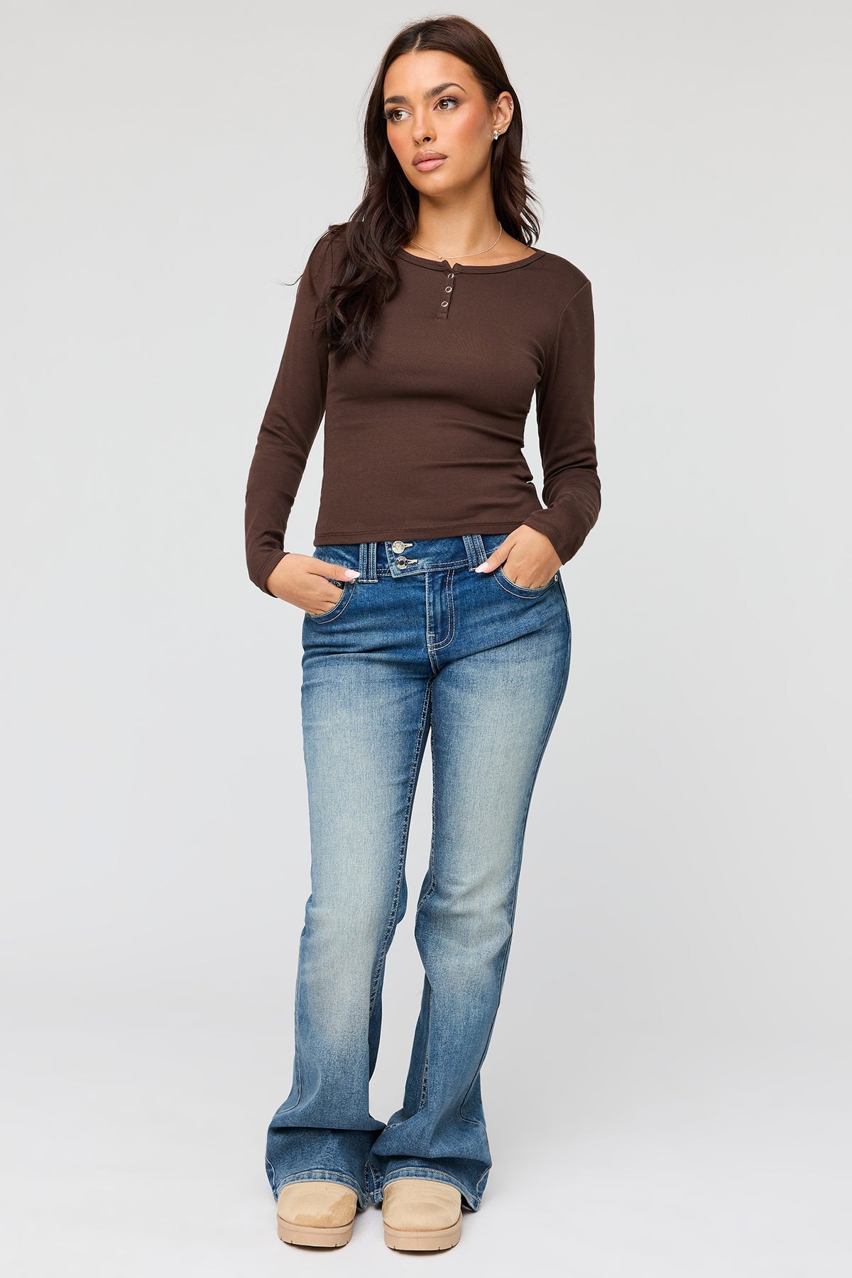 Alt View 3. Henley Long Sleeve Top - Brown